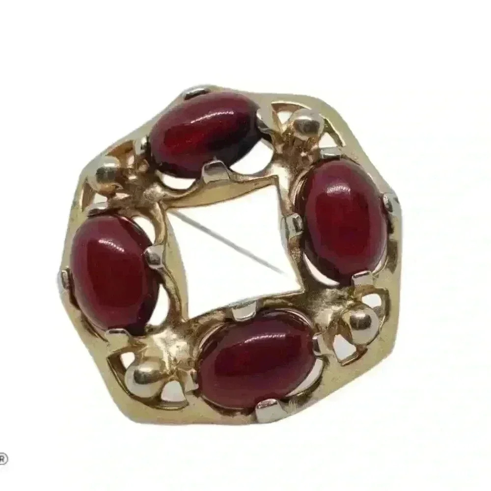 Vintage Brooch 10k Gold Filled Cherry Red Art Glass Cabochon Mod MCM